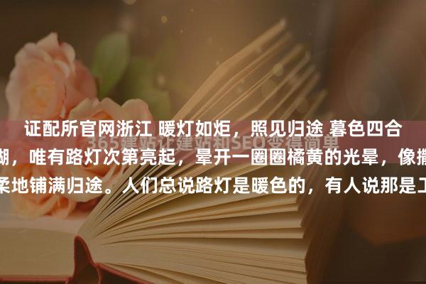 证配所官网浙江 暖灯如炬，照见归途 暮色四合时，城市的轮廓渐渐模糊，唯有路灯次第亮起，晕开一圈圈橘黄的光晕，像撒在黑夜里的星子，温柔地铺满归途。人们总说路灯是暖色的，有人说那是工程学的考量，有人说那是城市规划的智慧，而我更愿意相信，那抹暖黄，是特意为每一个晚归的人准备的温柔。 暖光不同于冷白的凌厉...